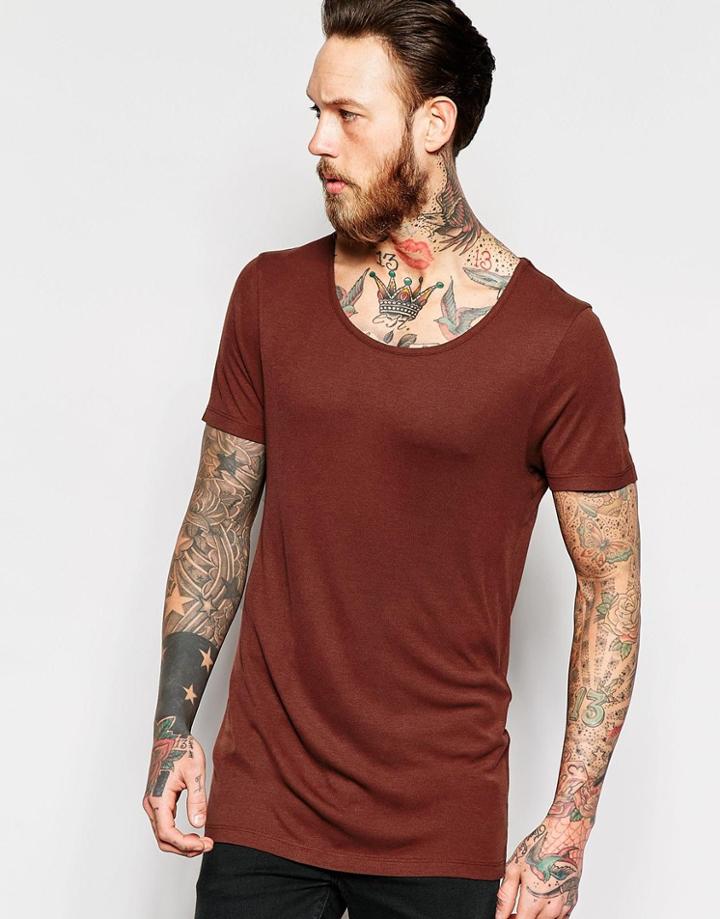 Asos Longline Muscle T-shirt With Scoop Neck In Rib In Rust - Chestnut