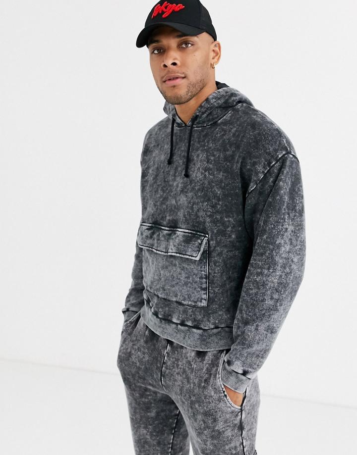 Asos Design Two-piece Oversized Cropped Hoodie In Acid Wash With Deep Rib & Front Pocket-black