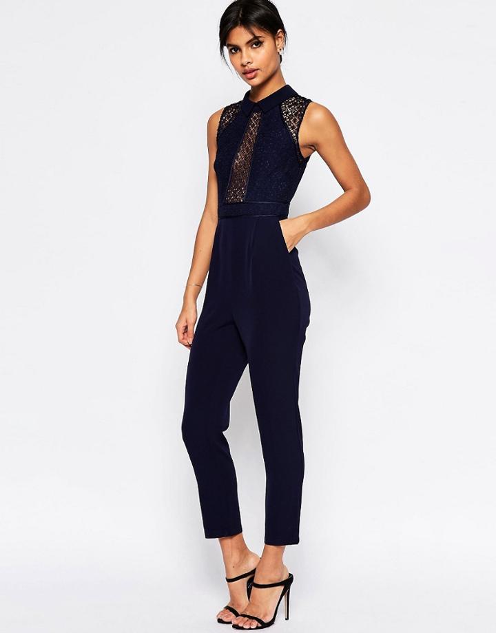 Asos Premium Lace Jumpsuit With Collar Detail - Navy