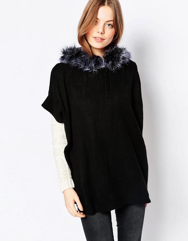 Pia Rossini Hooded Poncho With Faux Fur Trim - Black
