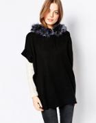 Pia Rossini Hooded Poncho With Faux Fur Trim - Black