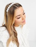 Asos Design Headband With Oversized Pearl Detail-white