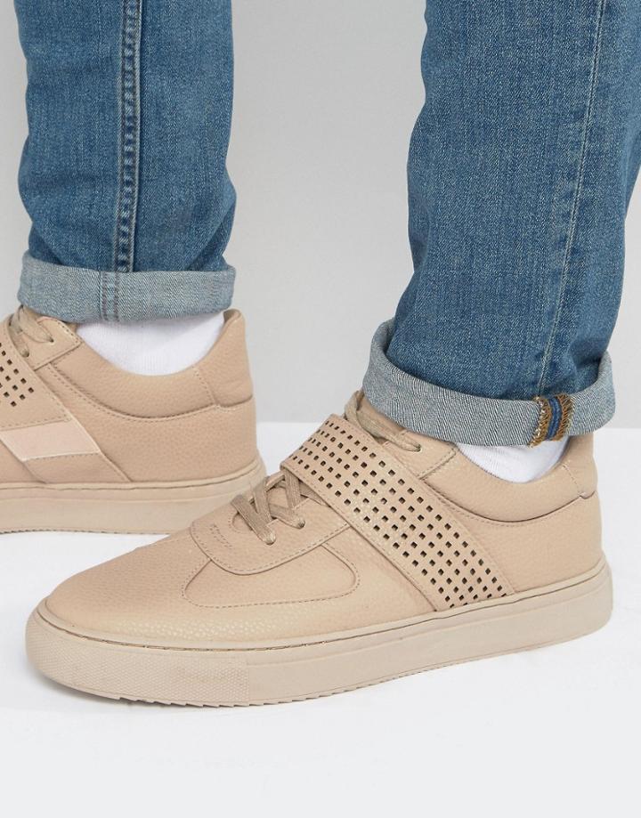 Asos Mid Top Sneakers In Tumbled Stone With Perforated Strap - Stone