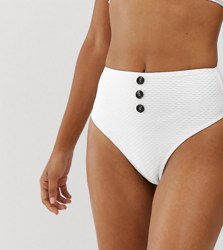 Missguided Textured High Waisted Bikini Bottoms With Button Detail In White - White
