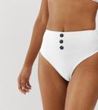 Missguided Textured High Waisted Bikini Bottoms With Button Detail In White - White