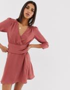 Asos Design Wrap Mini Dress With Ruched Waist - Pink