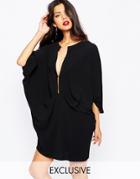 Liquorish Gathered Waist Dress With Kimono Sleeve - Black
