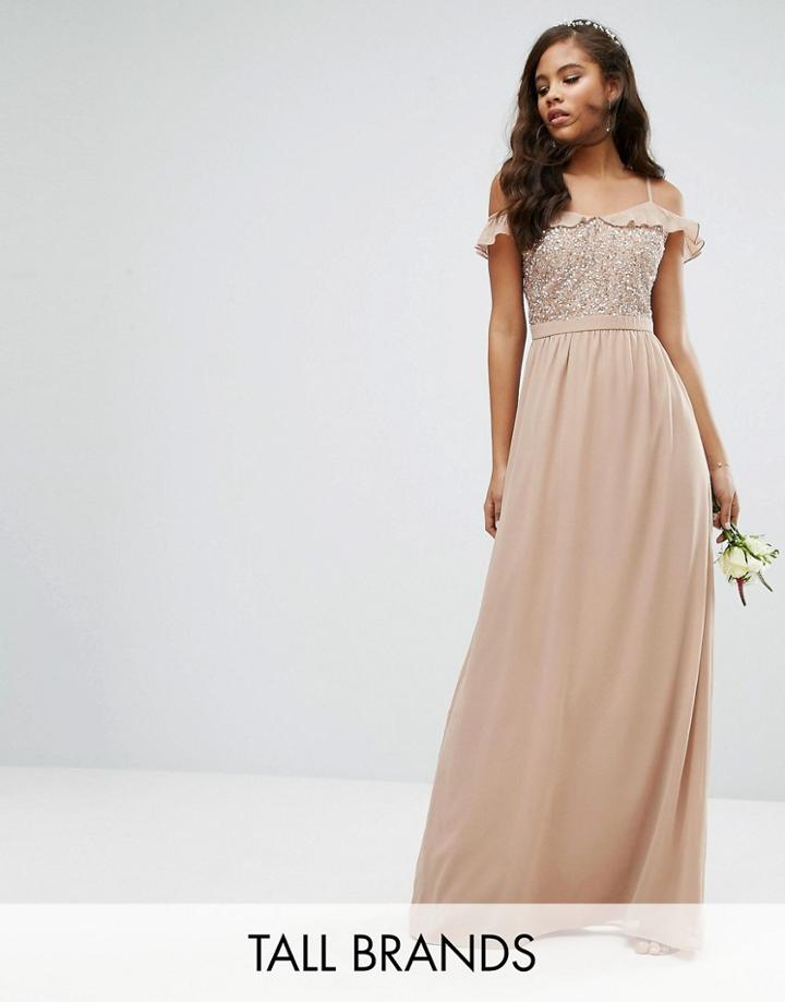 Maya Tall Off Shoulder Frill Sequin Maxi Dress - Pink