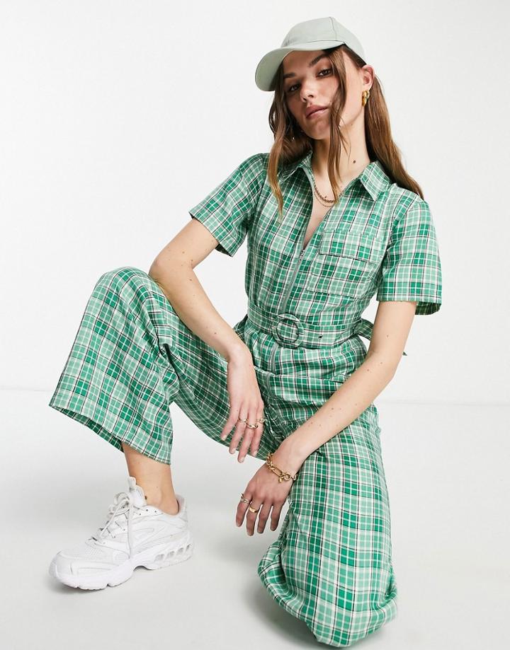 Lola May Belted Wide Leg Jumpsuit In Green Plaid-multi