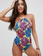 Asos Halter High Neck Swimsuit In Mexican Floral Print - Multi