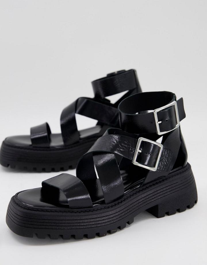 Asos Design Footprint Premium Leather Chunky Sandals In Black