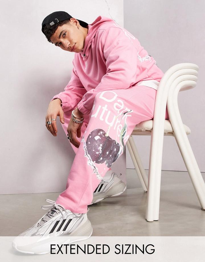 Asos Dark Future Relaxed Sweatpants With Cherry Graphic Print And Logo In Pink - Part Of A Set