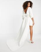 Sister Jane Bridal Puff Sleeve Mini Wedding Dress With Train In Ivory-white