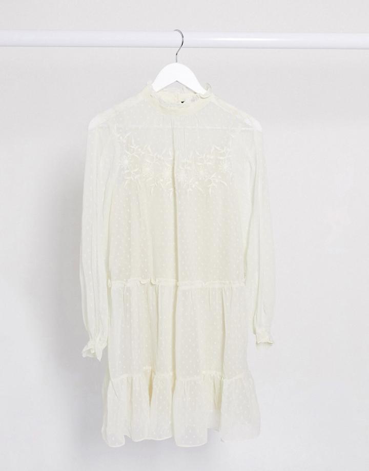 Vero Moda Dobby Mesh Mini Smock Dress With Embroidery In Cream-white