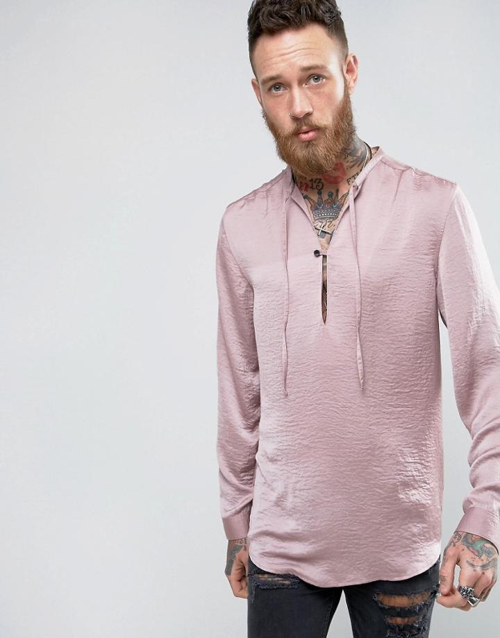 Asos Longline Shirt In Pink Sateen With Tie Front - Pink