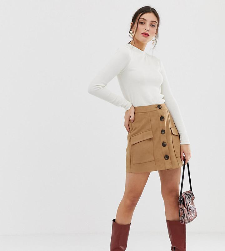 Stradivarius Faux Suede Button Front Mini Skirt In Beige