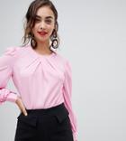 Warehouse Pleat Neck Long Sleeve Top In Pink - Green