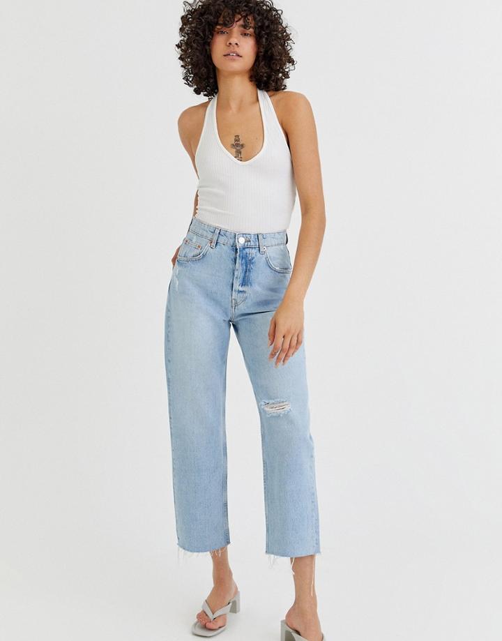 Pull & Bear Straight Cropped Jeans In Light Blue-blues