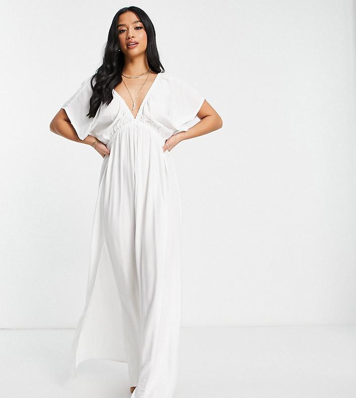 Asos Design Petite Flutter Sleeve Maxi Beach Dress In White