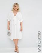 Asos Curve Midi Dress With Tie Front - Ivory