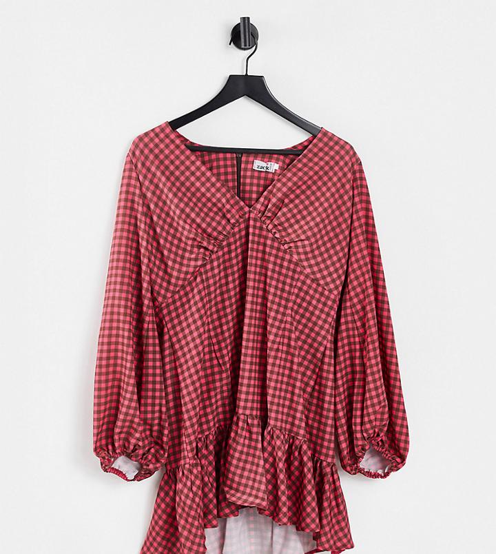 John Zack Exclusive Volume Sleeve Mini Ruffle Dress In Taupe Check Print-multi