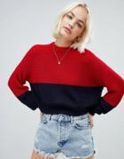 Pull & Bear Color Block Jersey Sweater In Red - Red