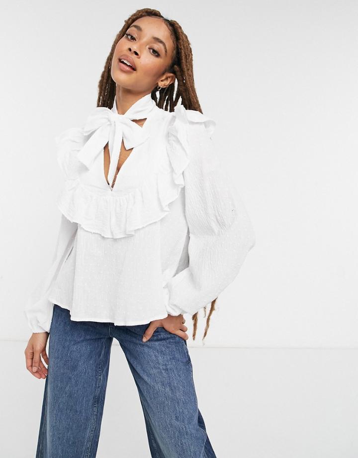 Asos Design Dobby Cotton Pussybow Blouse With Ruffle Detail In Ivory-white