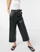 River Island Faux Leather Belted Wide Leg Culotte Pant In Black