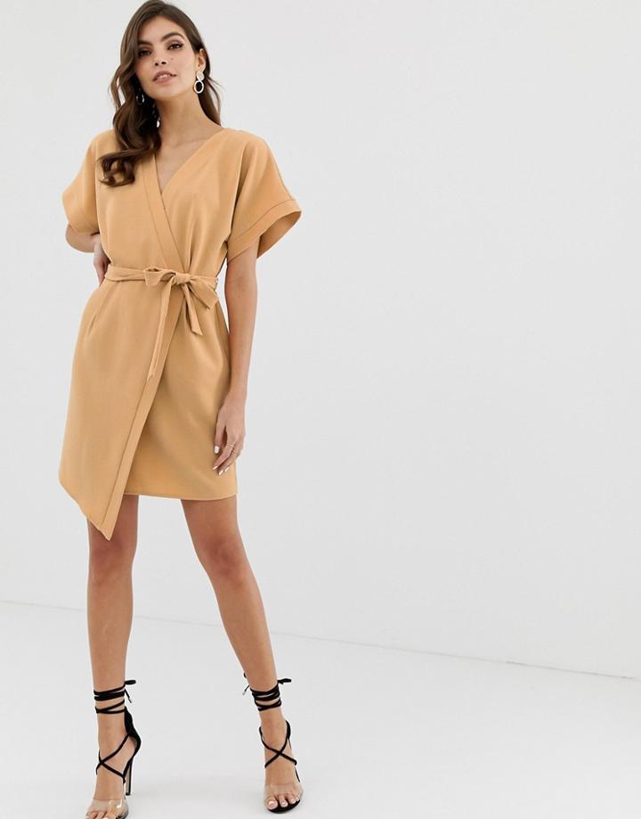 Asos Design Wrap Front Mini Dress-cream