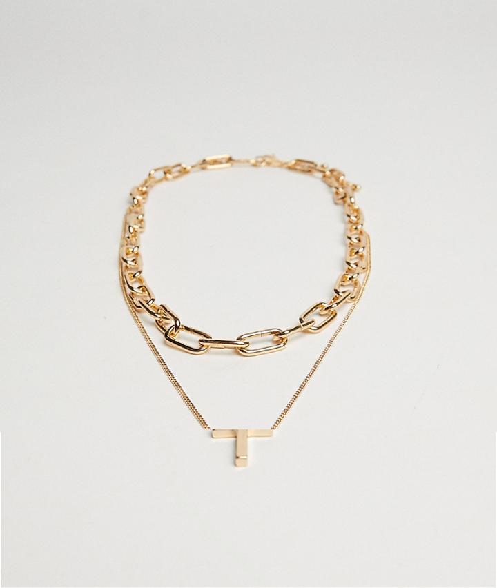 Bershka 2 Pack Chain Cross Necklace In Gold-silver
