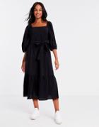 New Look Square Neck Tie Waist Midi Dress In Black