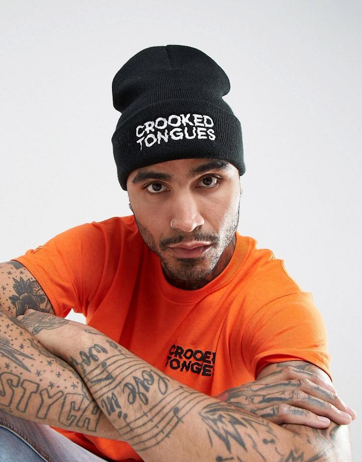 Crooked Tongues Beanie In Black With Embroidered Logo - Black