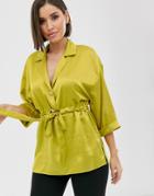 River Island Satin Shirt With Gathered Waist In Chartuese