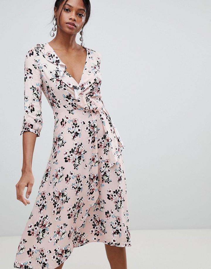 Liquorish Floral Print Wrap Midi Dress - Pink