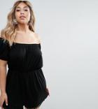 Asos Curve Jersey Off Shoulder Romper With Pom Pom Hem - Black