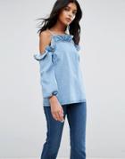 Asos Denim Cold Shoulder Top With Ruffle In Mid Wash Blue - Blue