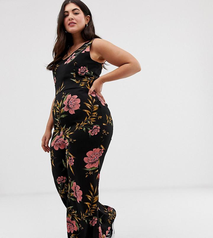 Brave Soul Plus Jumpsuit In Floral Print - Black
