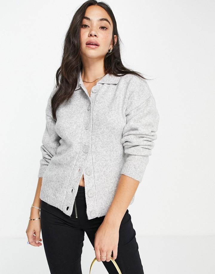 Asos Design Cardi With Collar And Button Front In Gray-grey