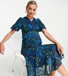 Hope & Ivy Maternity Puff Sleeve Tea Midi Dress In Cobalt Star Print-blues