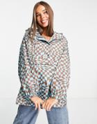 Asos Design Printed Overhead Rain Jacket In Blue And Brown-multi