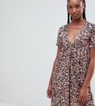 Asos Design Tall Ultimate Cotton Smock Dress In Leopard Print - Multi