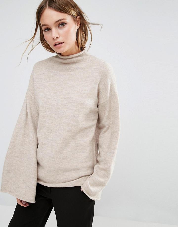 Fashion Union High Neck Knitted Sweater Wide Arm Sleeves - Pink