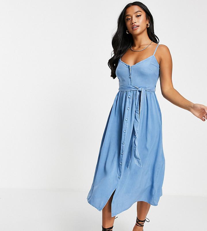 Influence Petite Cami Strap Tie Waist Midi Dress In Chambray-blues