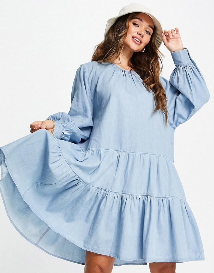 Selected Gilli Tiered Denim Smock Dress In Blue-blues