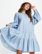 Selected Gilli Tiered Denim Smock Dress In Blue-blues