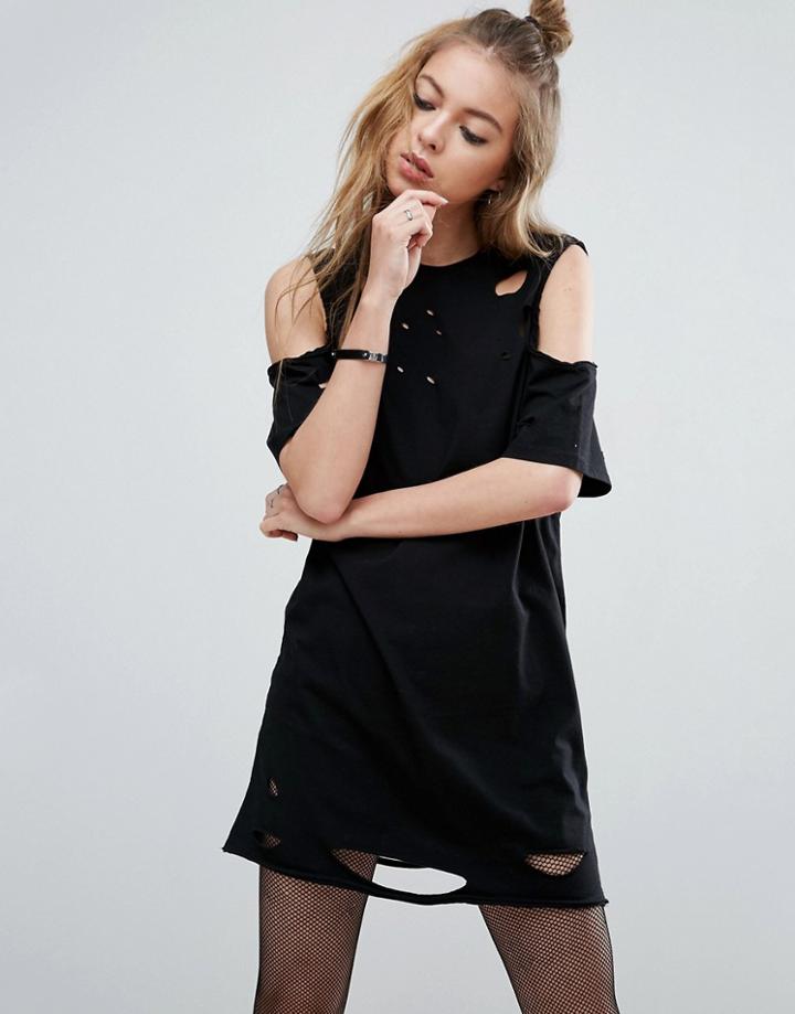 Asos Cold Shoulder Nibbled T-shirt Dress - Black