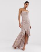 Bariano Cowl Neck Bandeau Embellished Sequin Gown In Pink - Pink