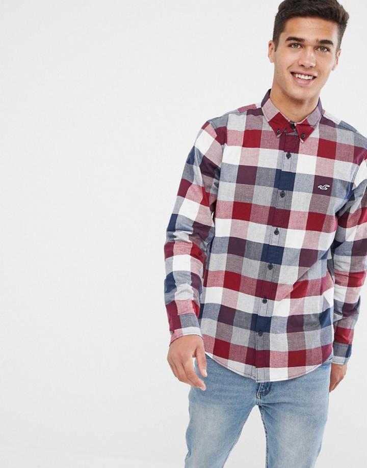 Hollister Icon Logo Check Poplin Shirt In Navy/burgundy - Navy