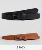 Asos 2 Pack Faux Leather Super Skinny Belt In Tan And Black Save - Multi