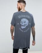 Asos Super Longline T-shirt With Skull Back Print And Distressing - Gray